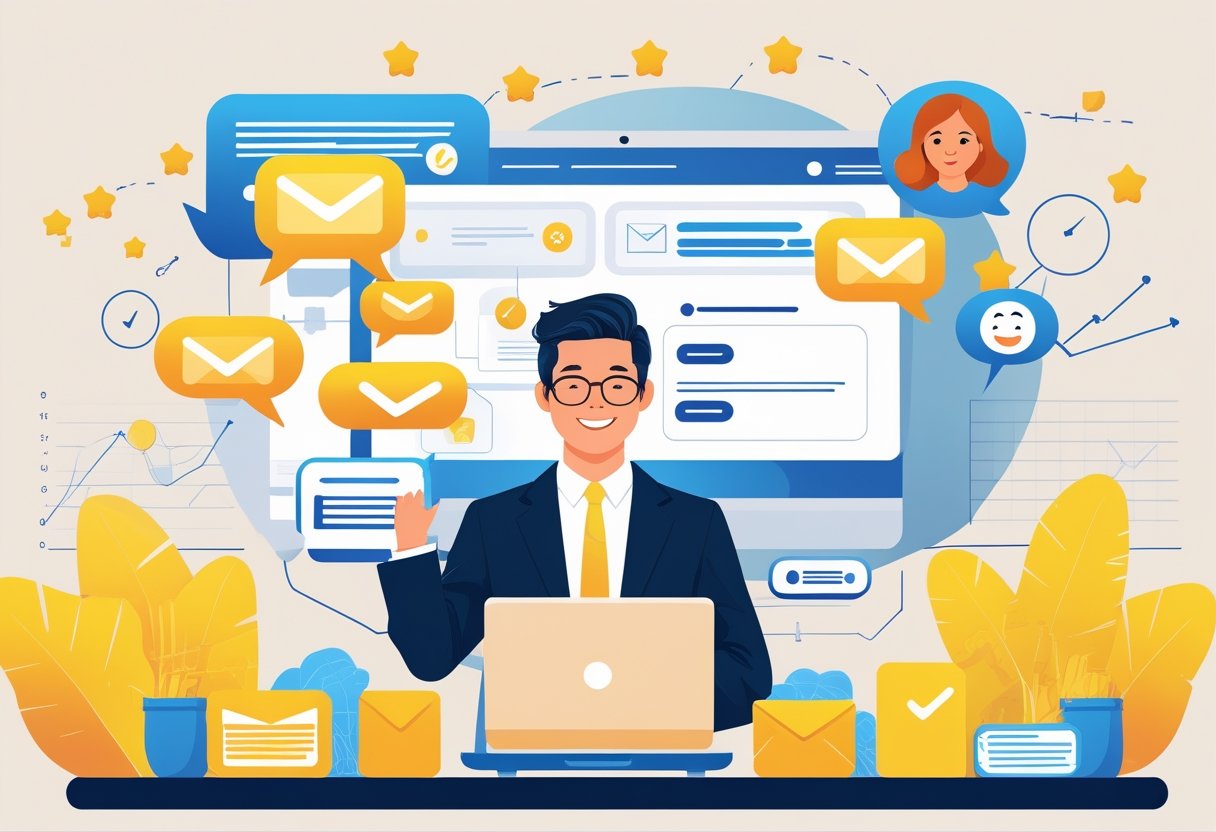 A small business owner working on a laptop surrounded by email icons, customer feedback symbols, and survey forms in an office setting.