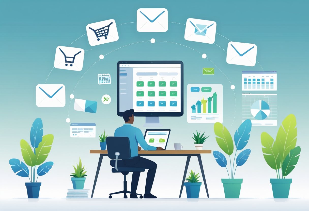 A small business owner working at a desk with five floating email icons representing different automated email campaigns, surrounded by business-related symbols and a tidy office setting.