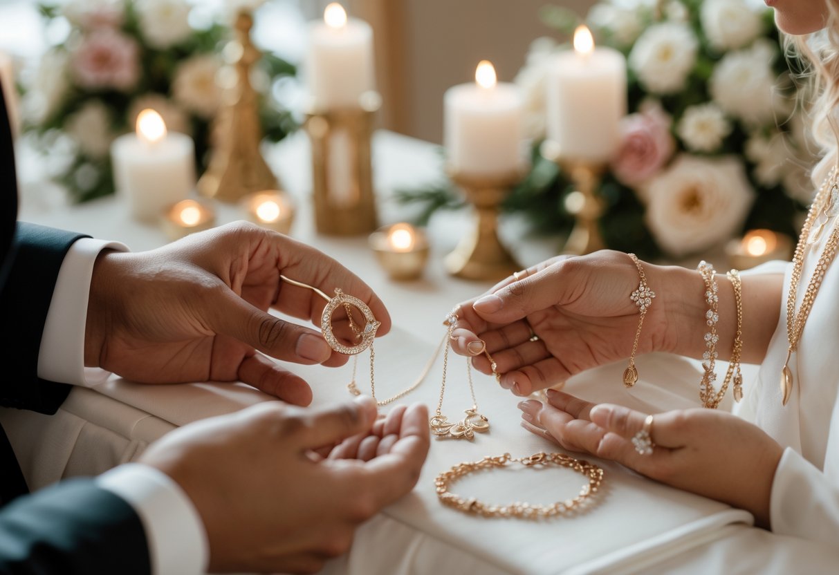 A couple exchanging symbolic jewelry during an intimate wedding ceremony with floral decorations and candles.