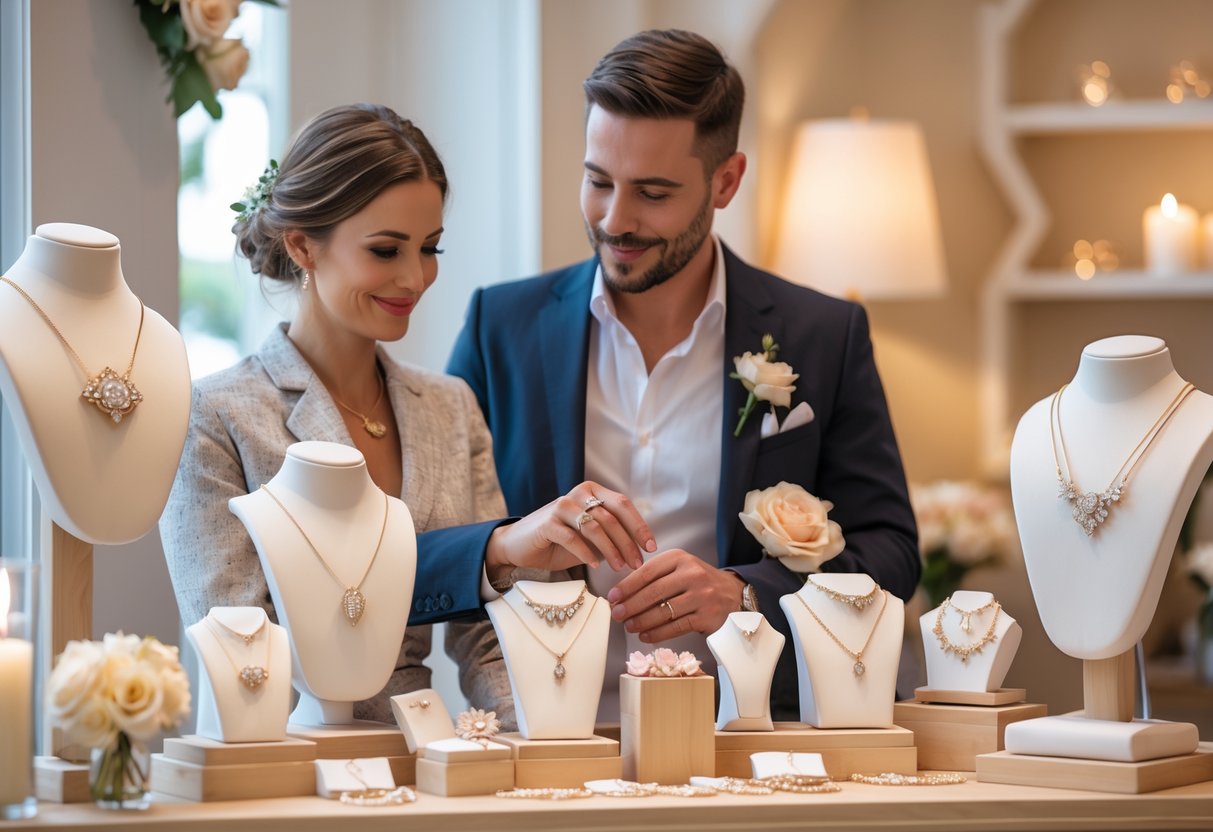 A celebrant helps a couple choose meaningful jewelry gifts in a bright boutique with wedding decorations.
