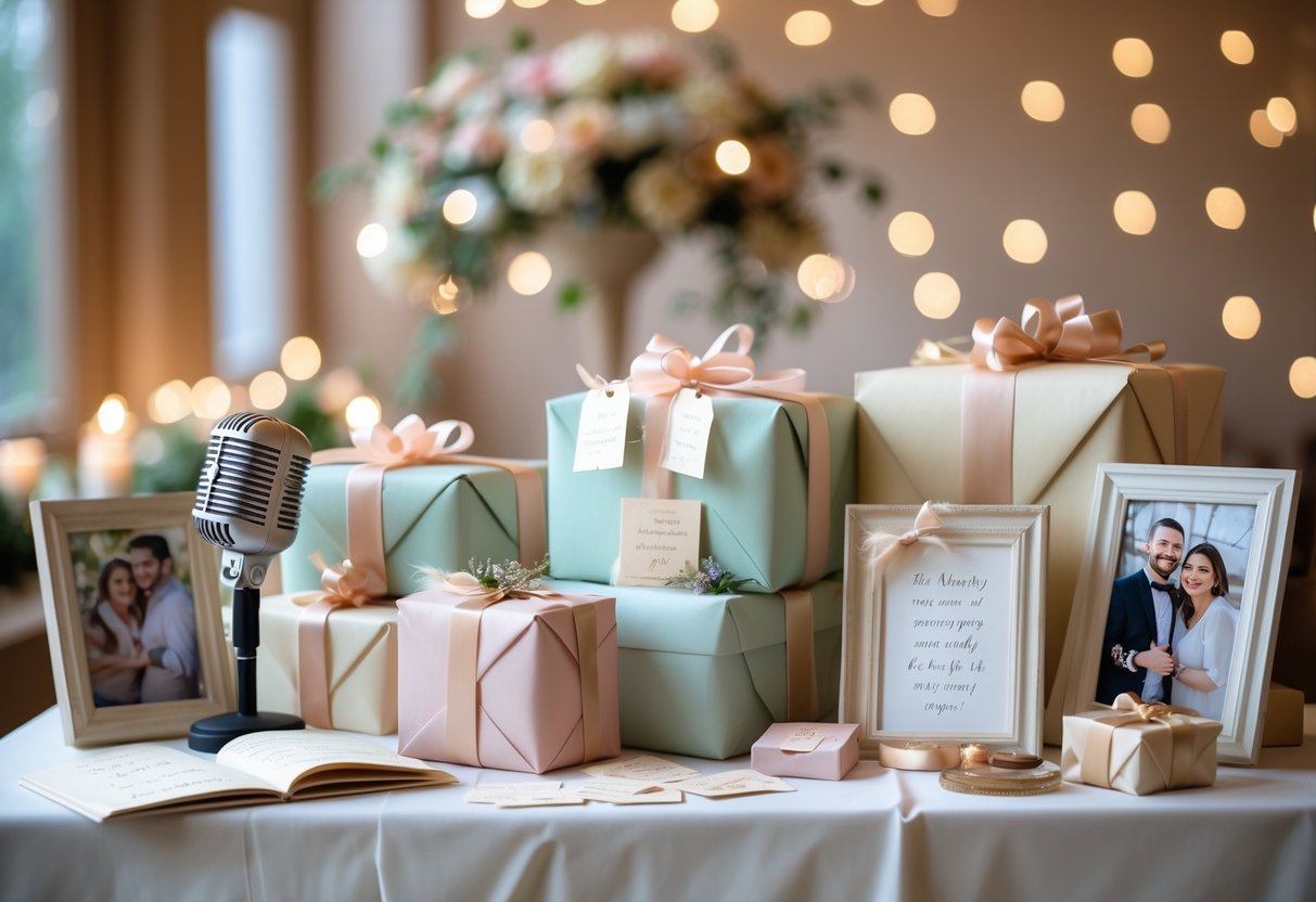 A table with wrapped gifts, a vintage microphone, handwritten notes, and framed photos in a softly lit event space.