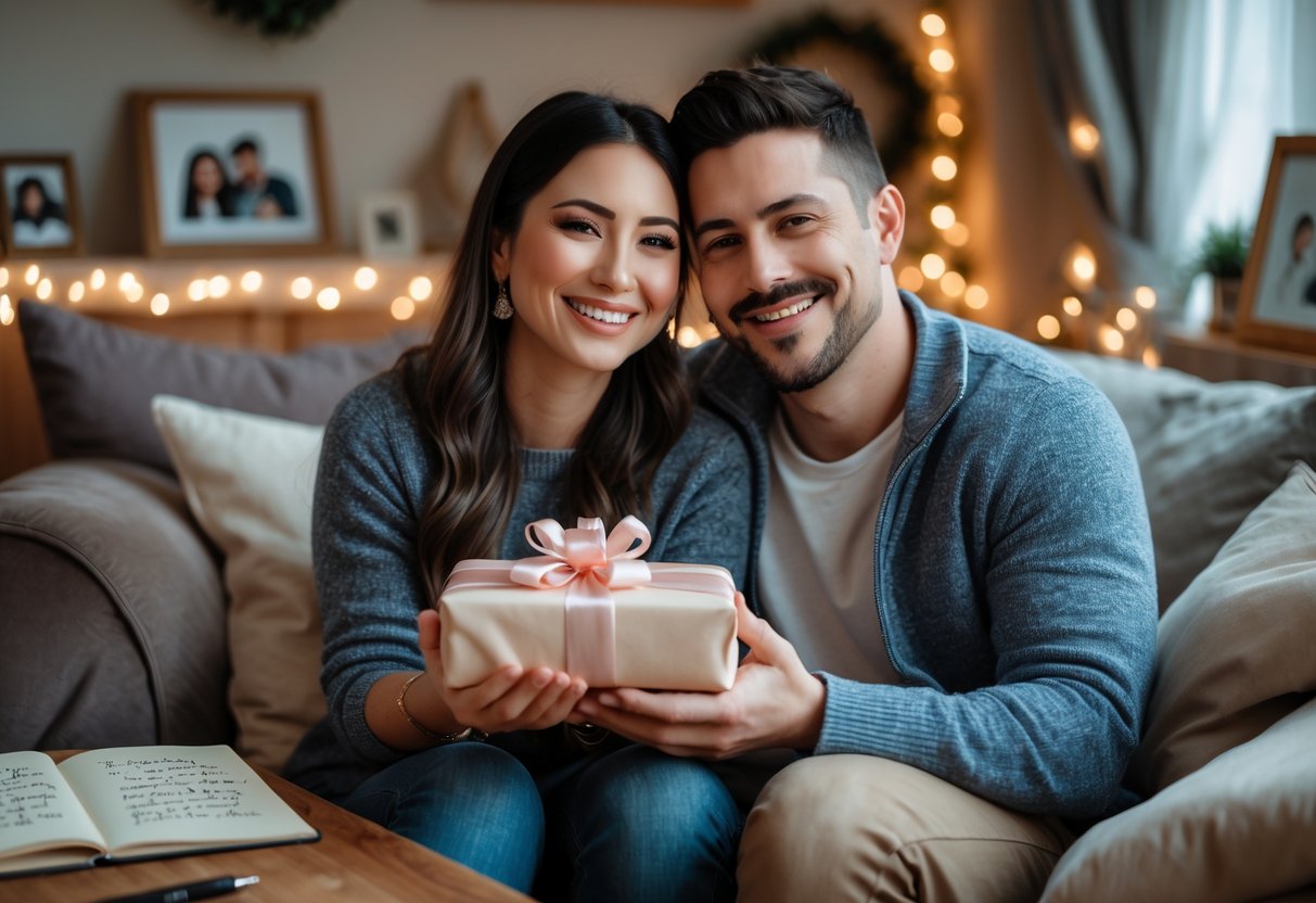 A couple smiling together in a cozy room, holding a wrapped gift box, with an open notebook and pen on a table nearby.
