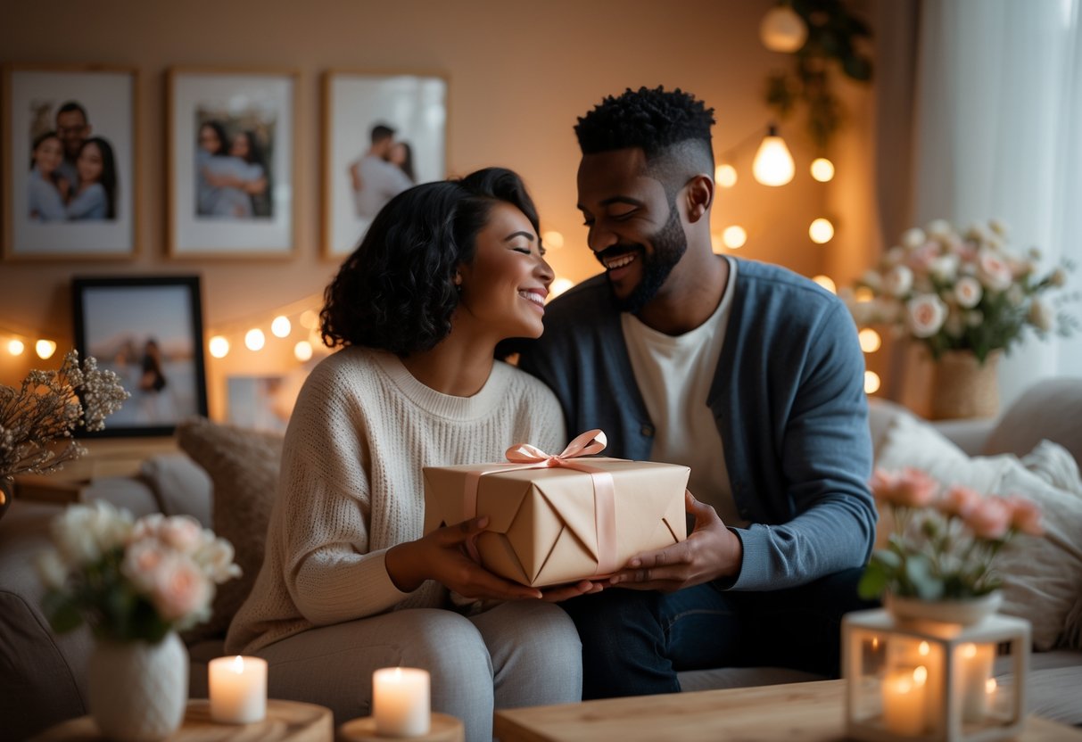 A couple exchanging a wrapped gift in a cozy living room decorated with photos and flowers, smiling warmly at each other.