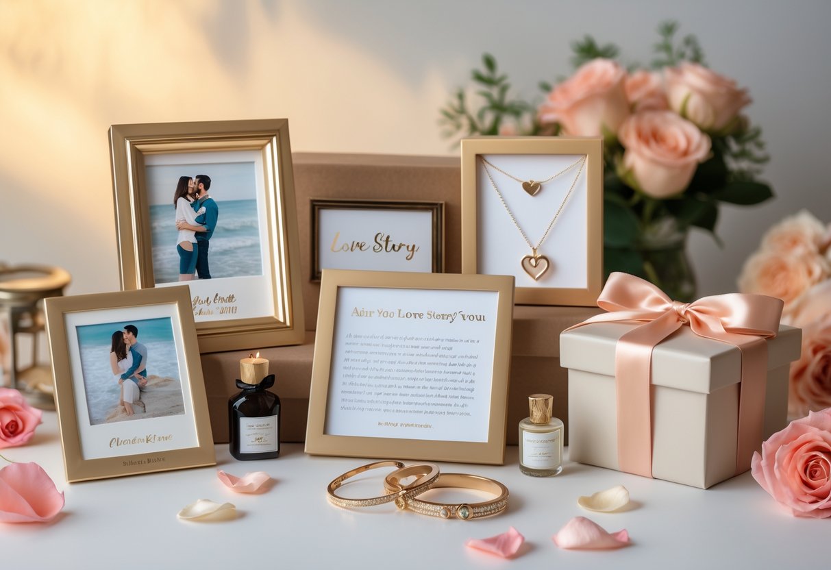 A collection of personalized romantic gifts including engraved photo frames, custom jewelry, and a love story book arranged with rose petals and flowers.