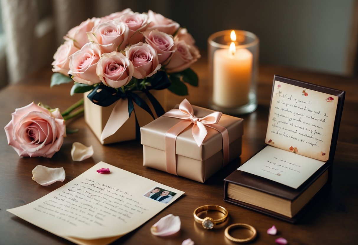 A table with romantic gifts including roses, a wrapped box, a handwritten letter, a photo album, rose petals, a lit candle, and gold rings.