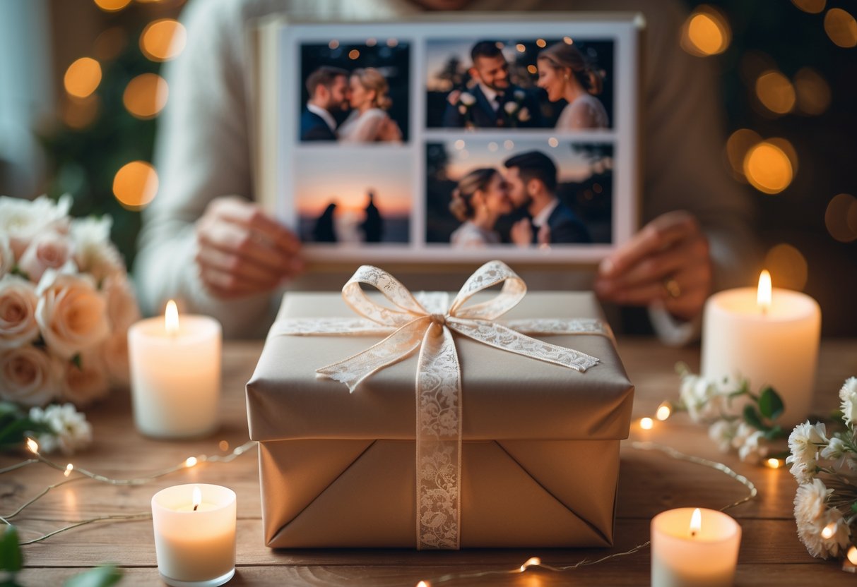 A gift box wrapped with a ribbon on a table next to a person holding a photo album, surrounded by candles and flowers.