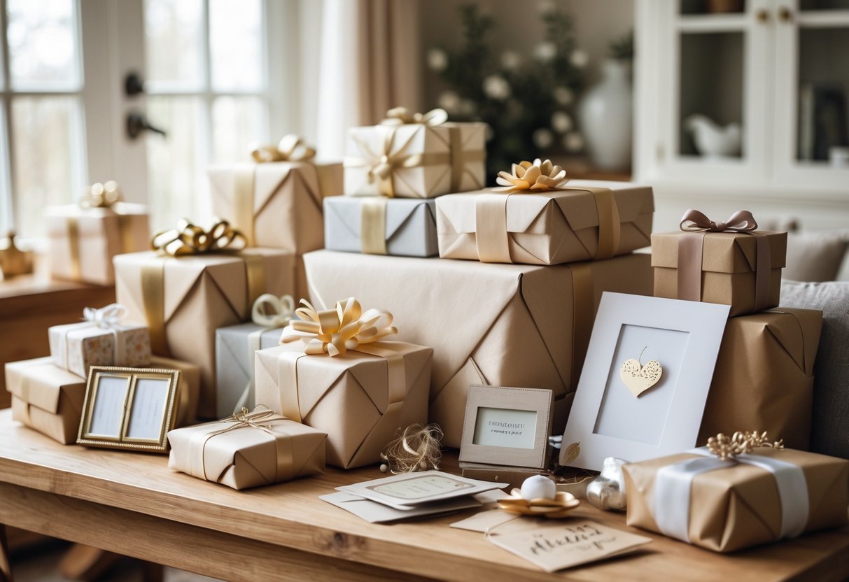 A table with neatly arranged wrapped gifts, greeting cards, and keepsakes in a cozy room with soft natural light.
