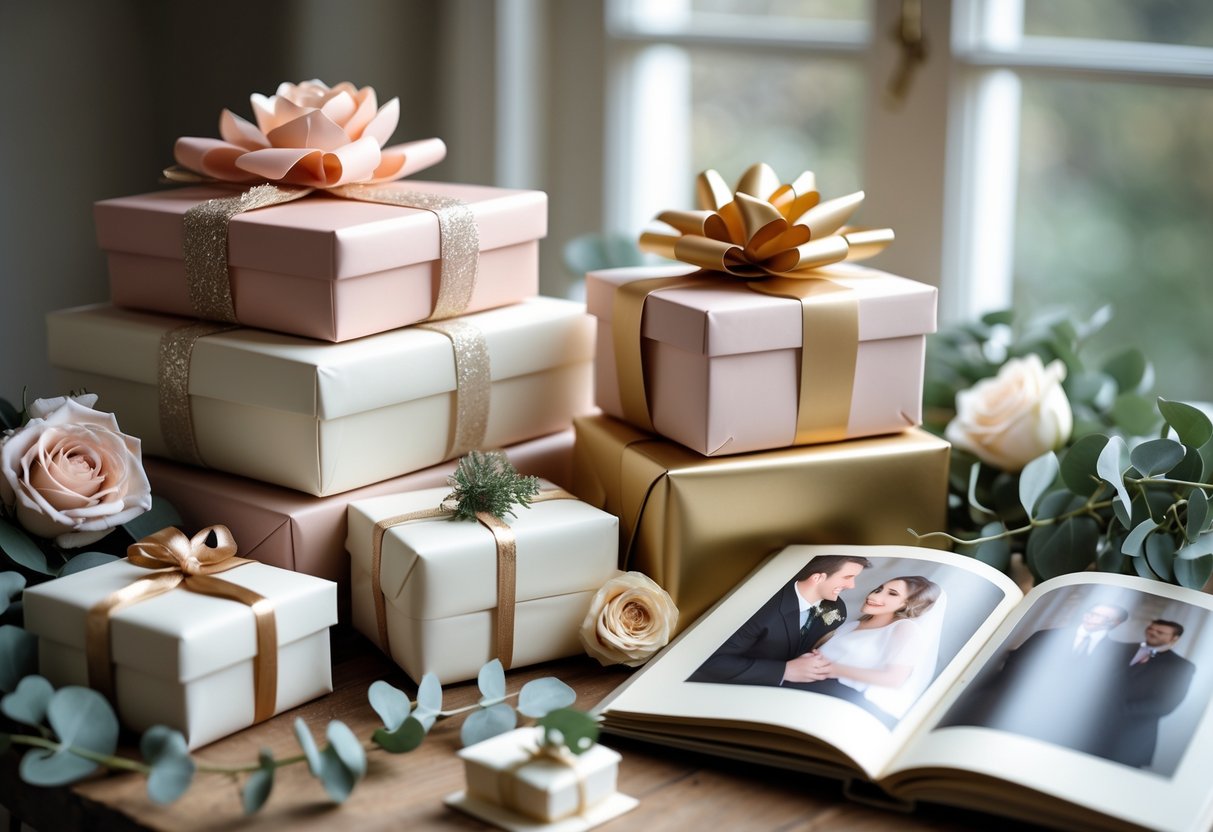 A table with elegantly wrapped gift boxes and an open photo album showing pictures of a couple, surrounded by flowers.
