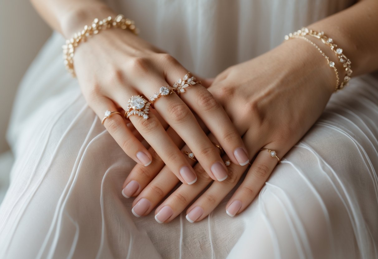 Two hands gently holding each other, wearing wedding rings and meaningful jewelry.