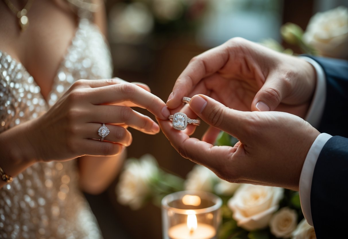 Close-up of hands exchanging a personalized ring during a heartfelt ceremony with a blurred warm background.