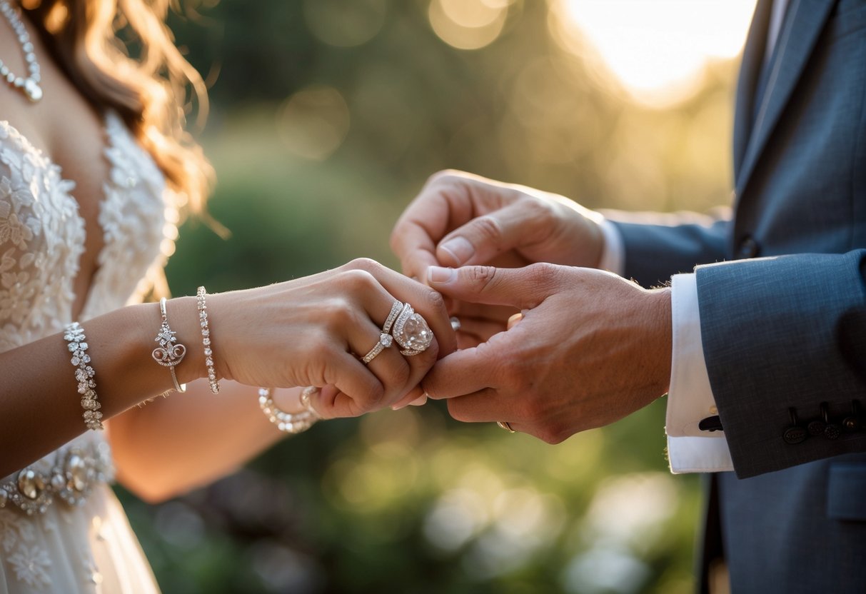 Close-up of two hands exchanging symbolic wedding jewelry during an outdoor ceremony.