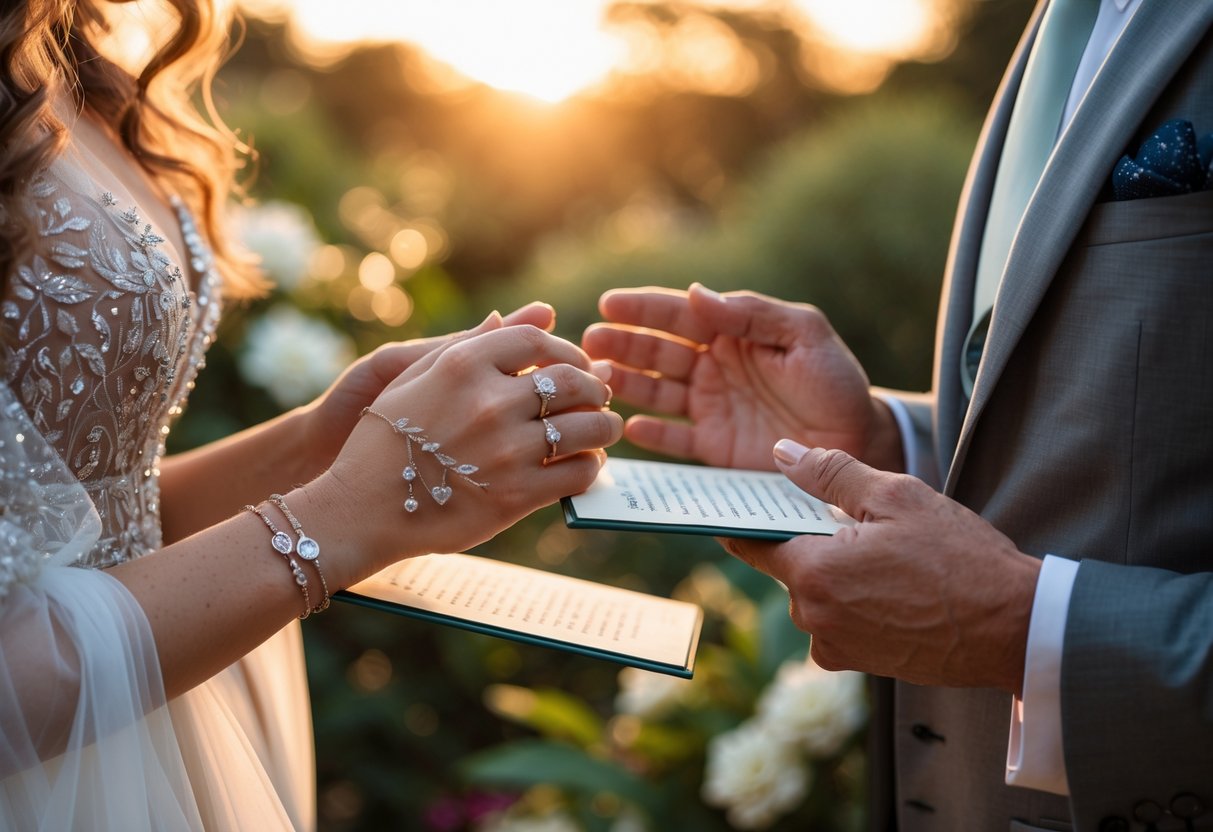 A couple exchanging personalized vows outdoors, holding custom vow books and wearing meaningful jewelry during a vow renewal ceremony.
