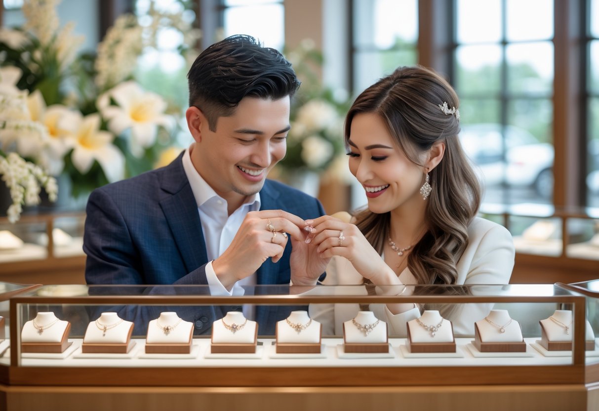 A couple smiling and choosing a ring together in a jewelry store, surrounded by displays of rings and necklaces.