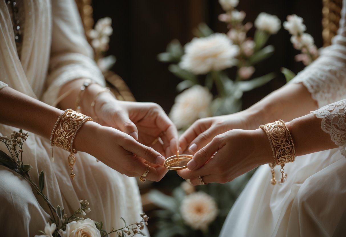 Two people exchanging symbolic jewelry during a meaningful unity ceremony, holding hands with floral decorations in the background.
