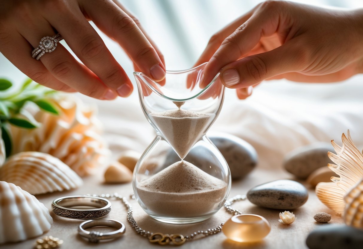 Two hands pouring colored sands into a glass vessel surrounded by wedding rings and jewelry keepsakes on a softly lit surface.