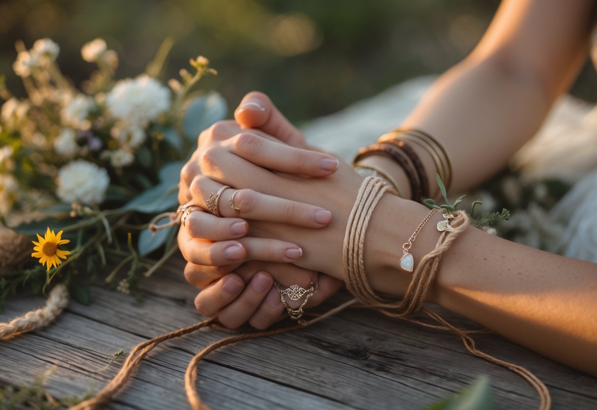 Two hands joined together with cords wrapped around their wrists, wearing wedding rings and bracelets, set outdoors with soft natural light and greenery in the background.