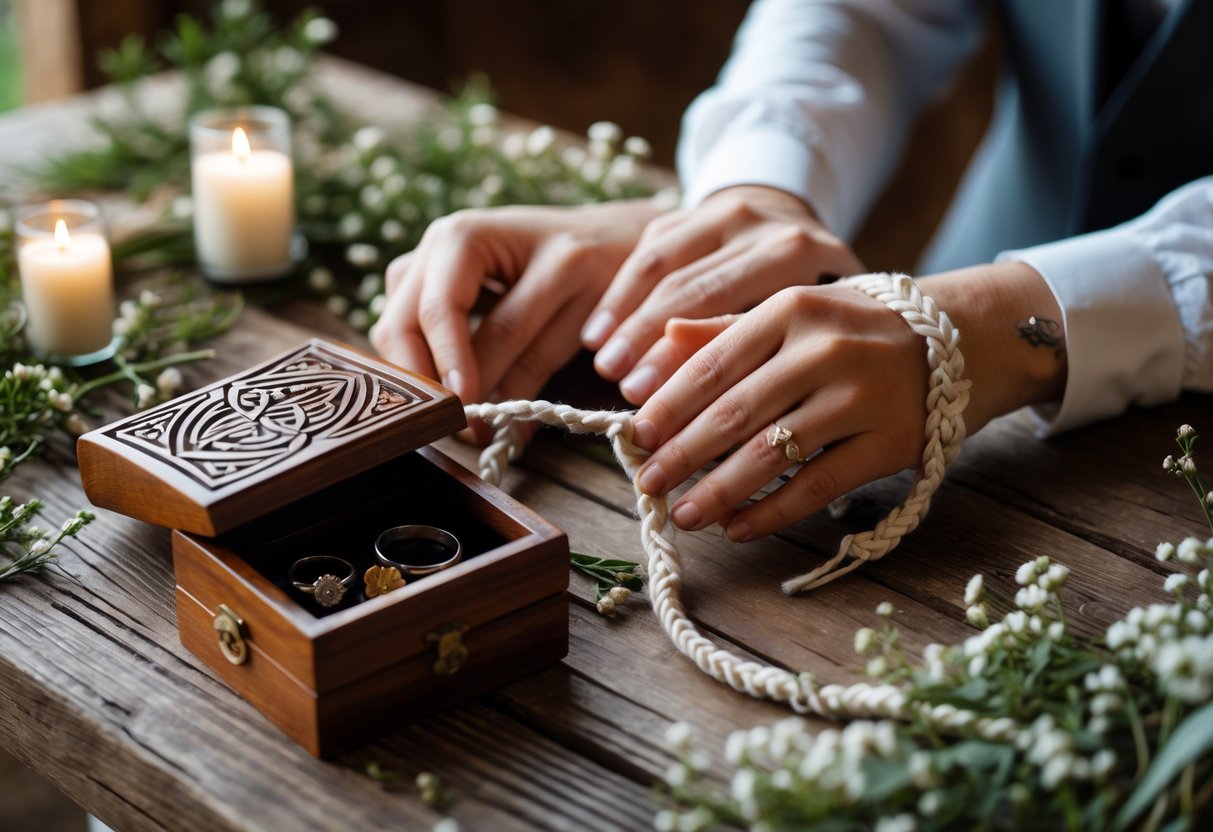 Close-up of two pairs of hands tied together with a braided cord over a wooden table, next to an open wooden keepsake box containing rings and dried flowers.