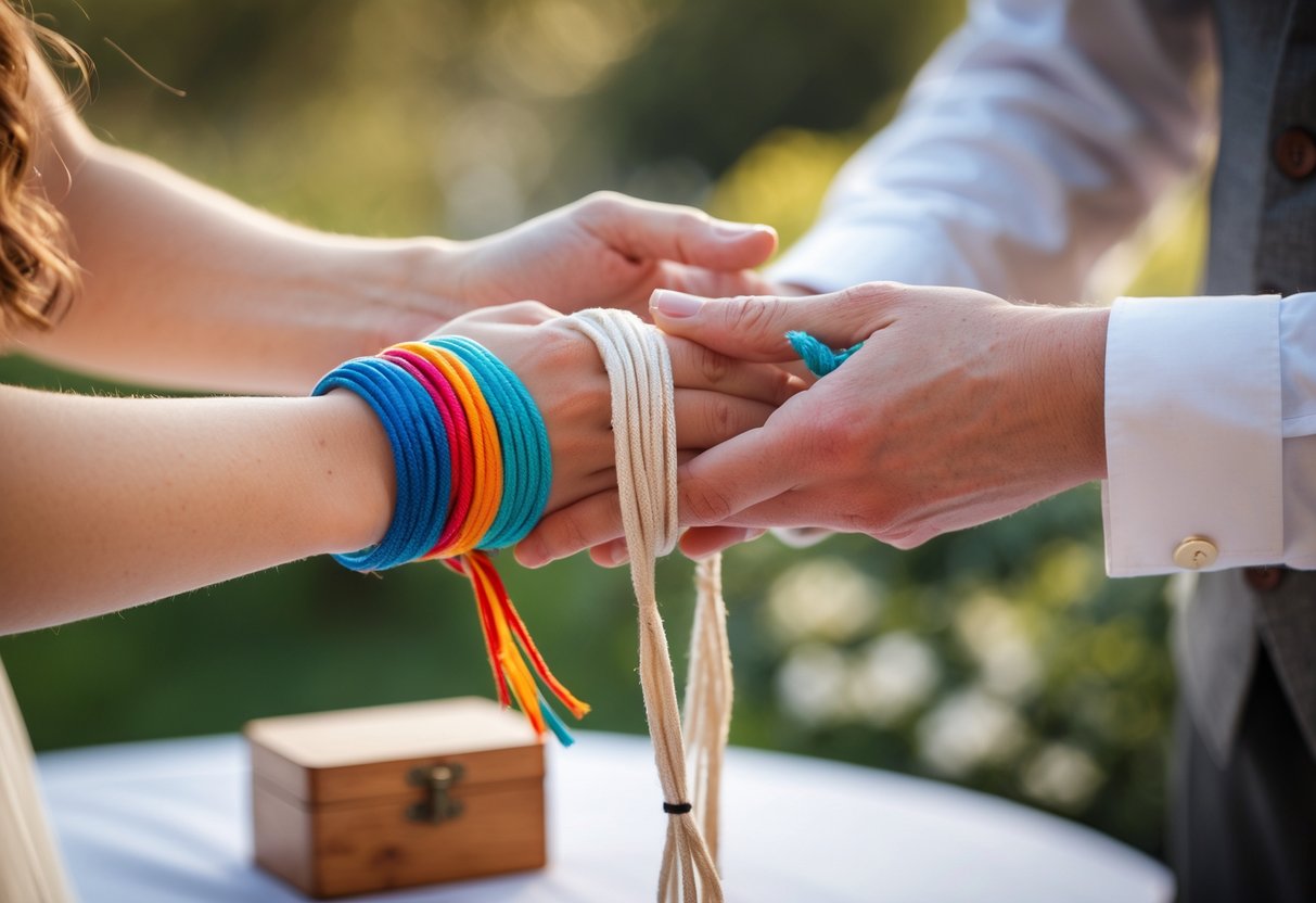 Two people holding hands with colorful cords wrapped around them during a handfasting ceremony, with a small keepsake box nearby.