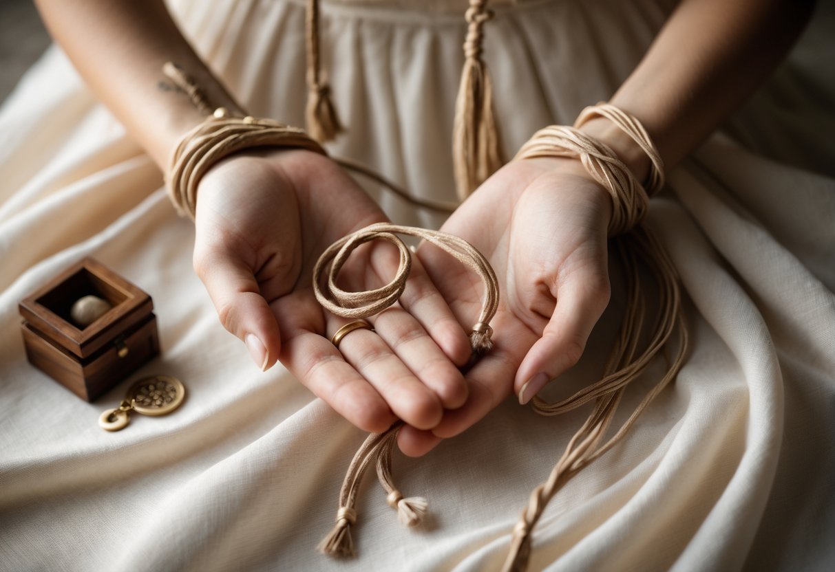 Two hands gently tied together with cords during a handfasting ceremony, with a small keepsake nearby.