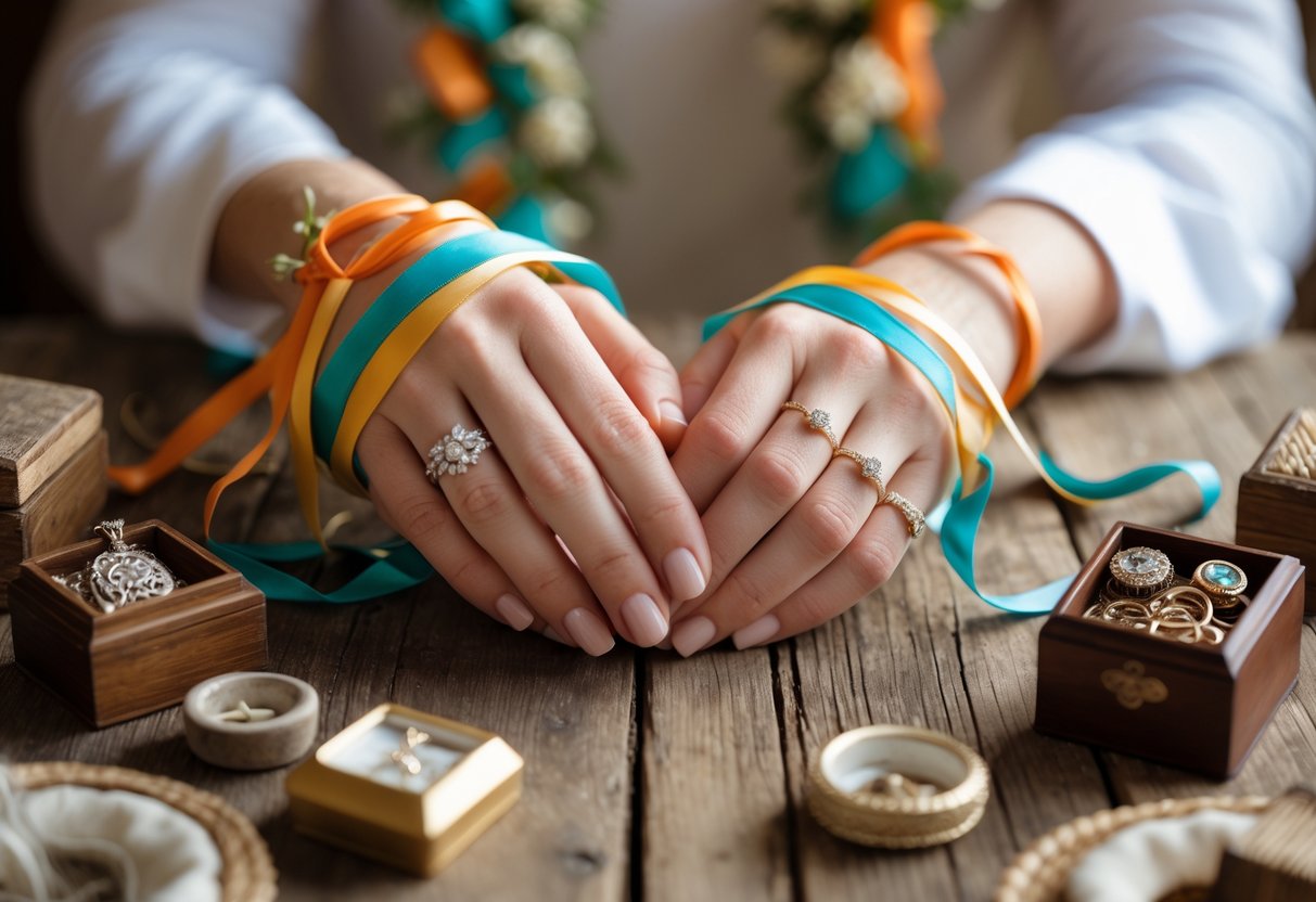 Two hands gently tied together with colorful ribbons surrounded by keepsakes on a wooden table.