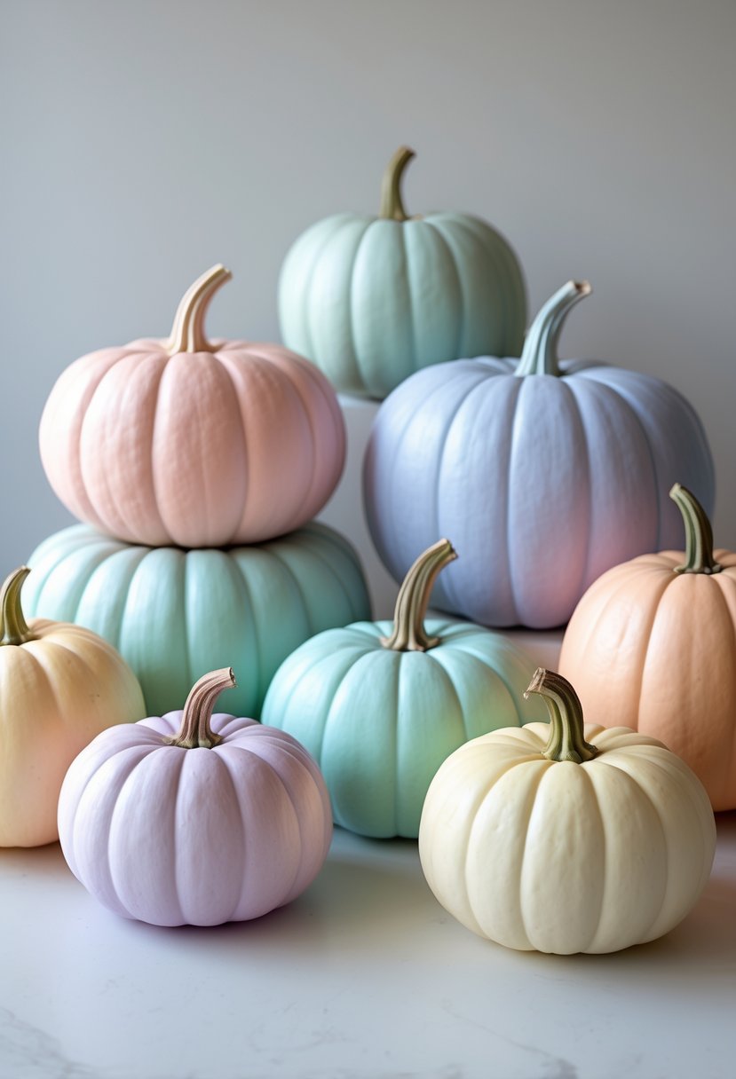A group of pumpkins painted in soft pastel rainbow colors arranged on a light background.