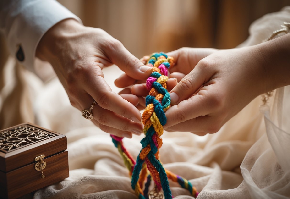 Two hands gently tied together with a colorful braided cord during a handfasting ceremony, with a small wooden keepsake box nearby.