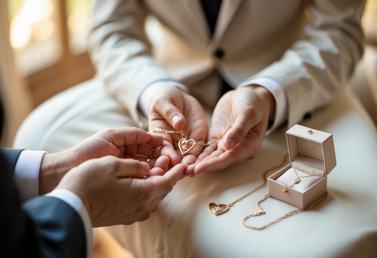 Close-up of hands holding a heart-shaped necklace with an open jewelry box nearby, symbolizing a gift for a wedding celebrant.