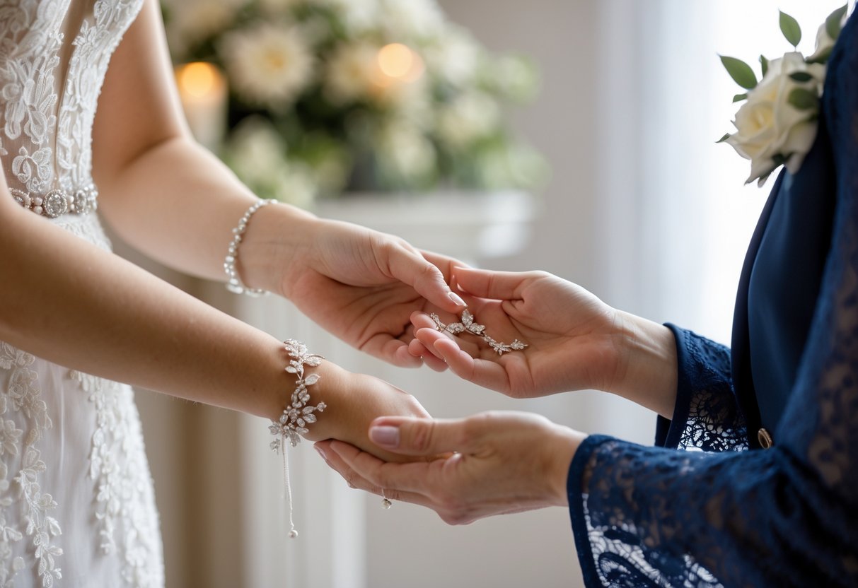 A bride giving a piece of jewelry to her wedding celebrant as a gesture of thanks, both smiling warmly.