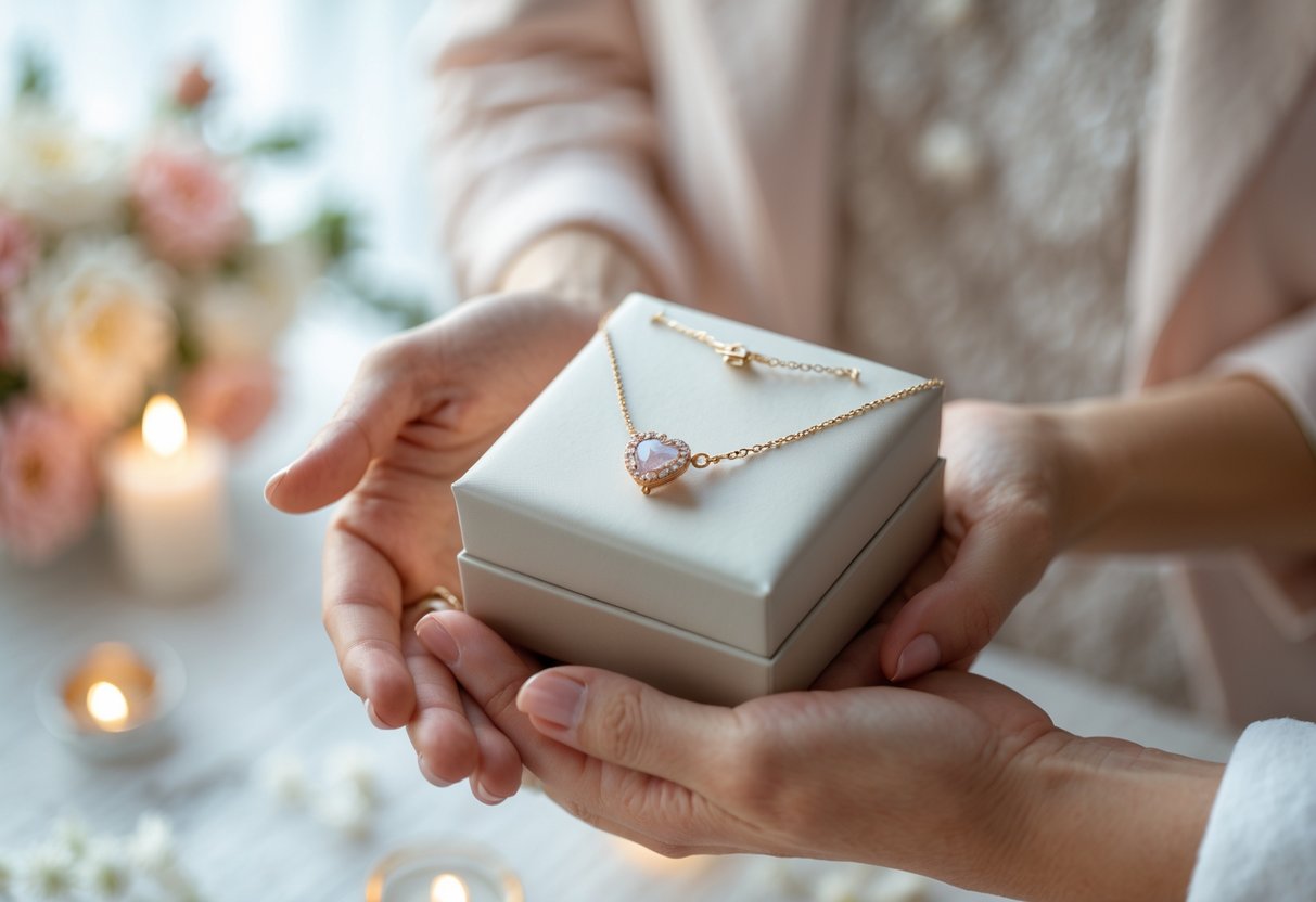 Close-up of hands exchanging a small jewelry gift box in a warm, softly lit setting with blurred flowers and candles in the background.