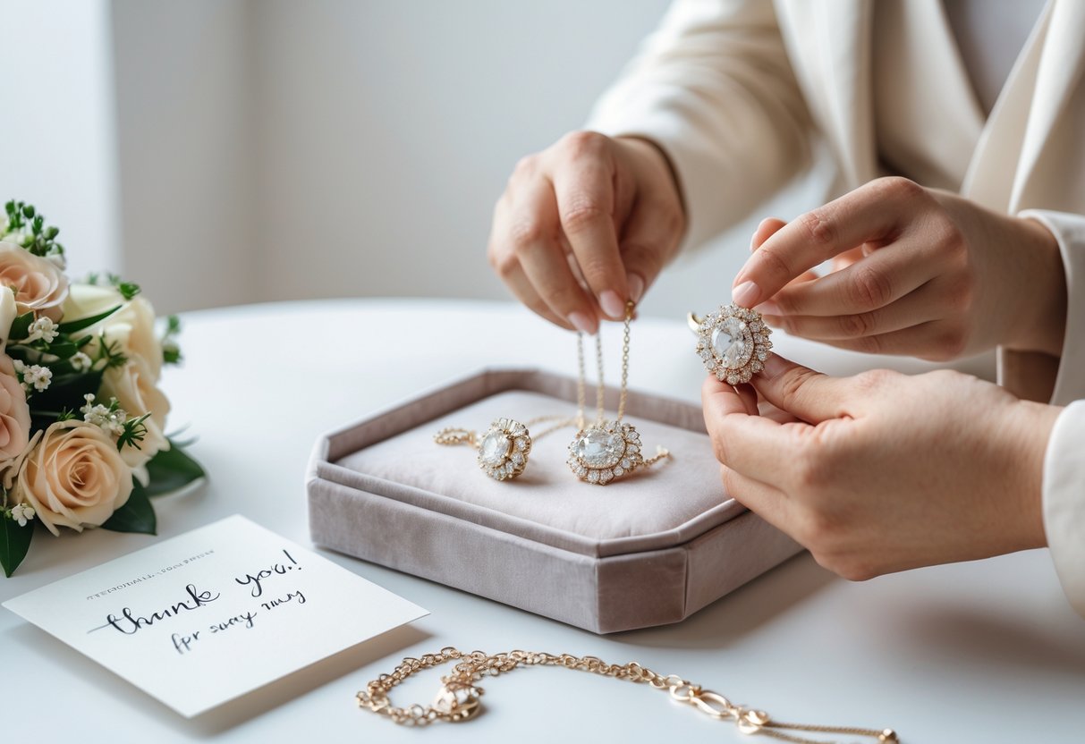 Hands selecting elegant jewelry pieces on a velvet tray with flowers and a thank-you card nearby.