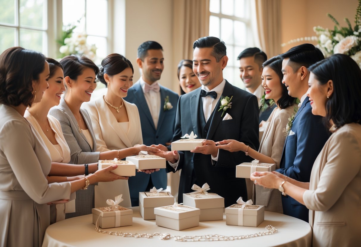A group of people giving jewelry gifts to a smiling officiant at a decorated table during a ceremony.