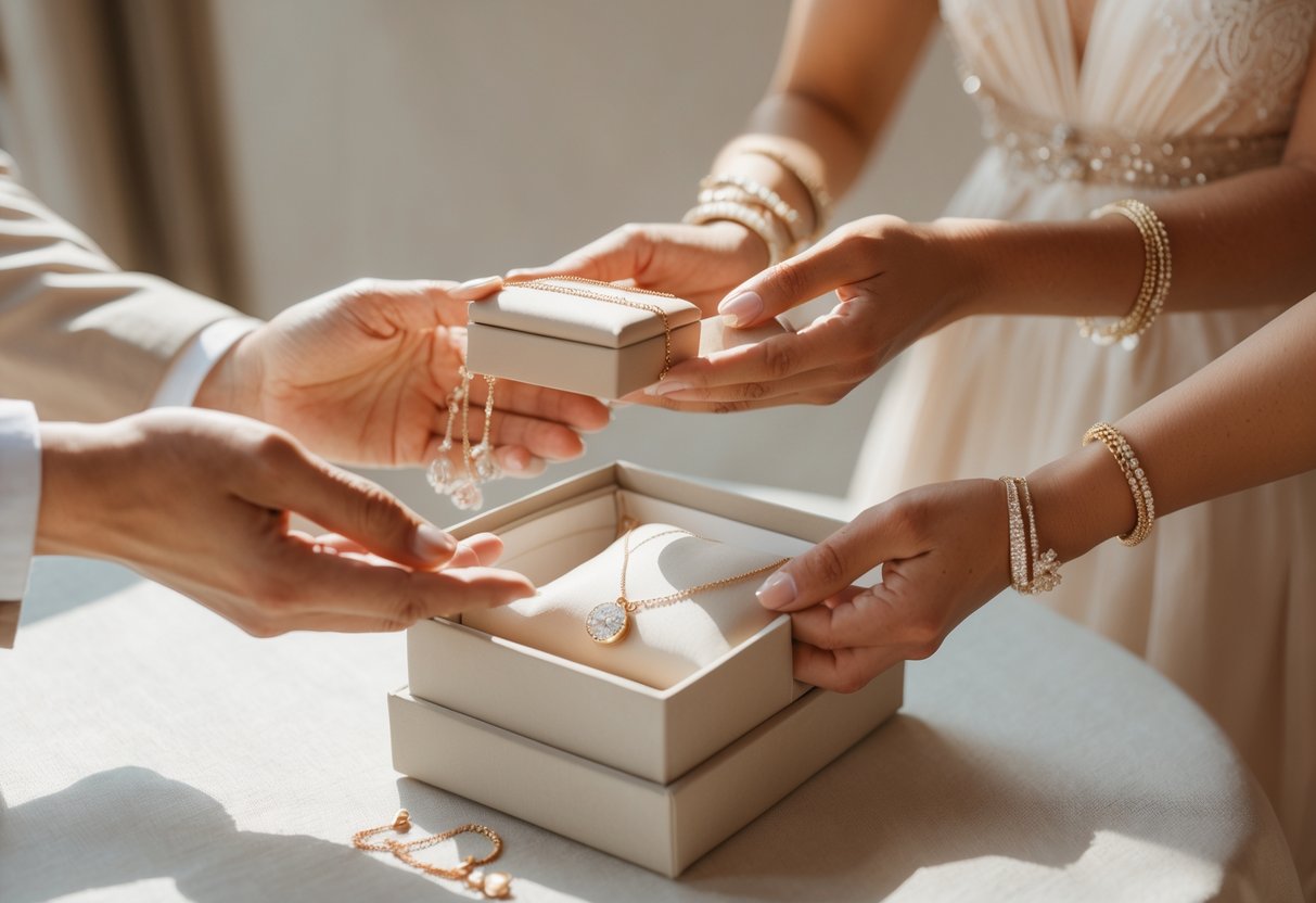 A person presenting a jewelry box with a necklace to another person who is smiling and accepting the gift.