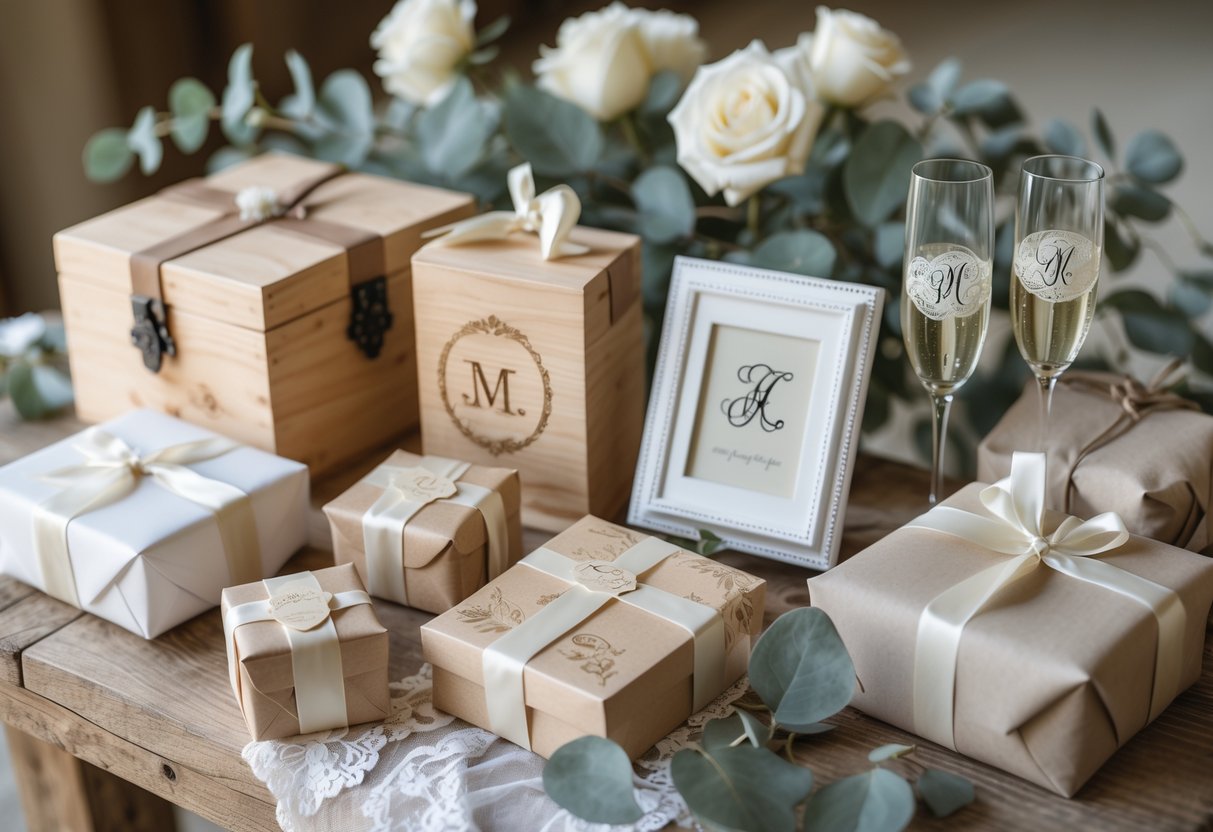 A table displaying personalized wedding gifts including engraved boxes, monogrammed glasses, and photo frames, surrounded by flowers and wedding decorations.
