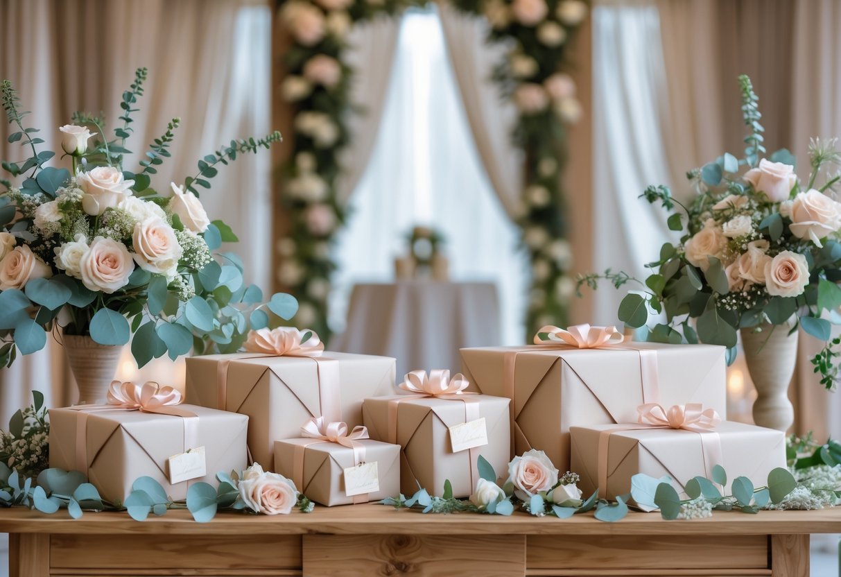 A wooden table with personalized wrapped wedding gifts and floral decorations in a softly lit wedding venue.