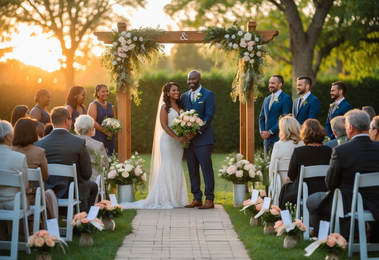 A couple standing at a decorated outdoor wedding altar surrounded by guests seated on white chairs in a garden setting.