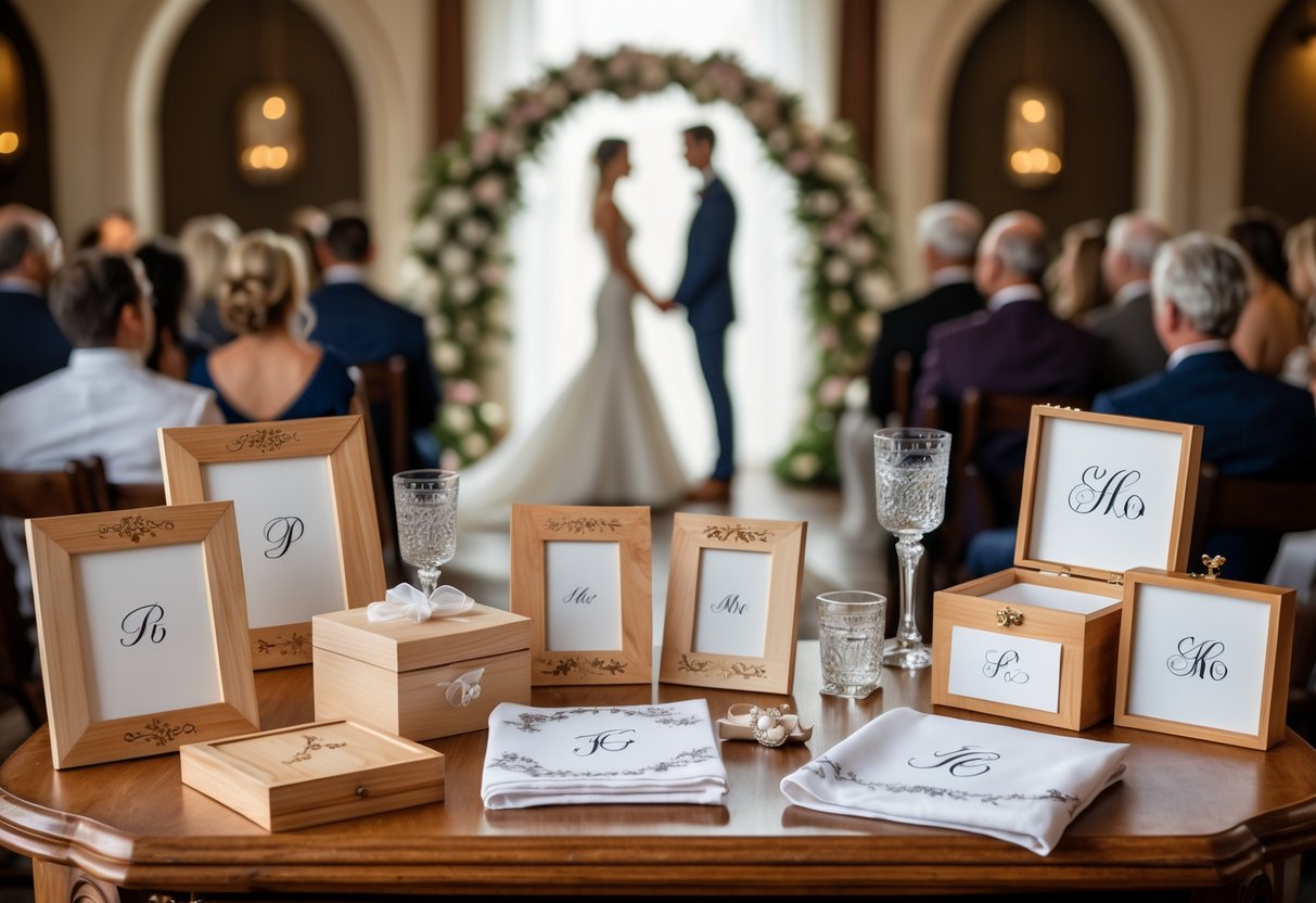 A table displaying elegant personalized wedding gifts with a couple exchanging vows under a floral arch in the background.