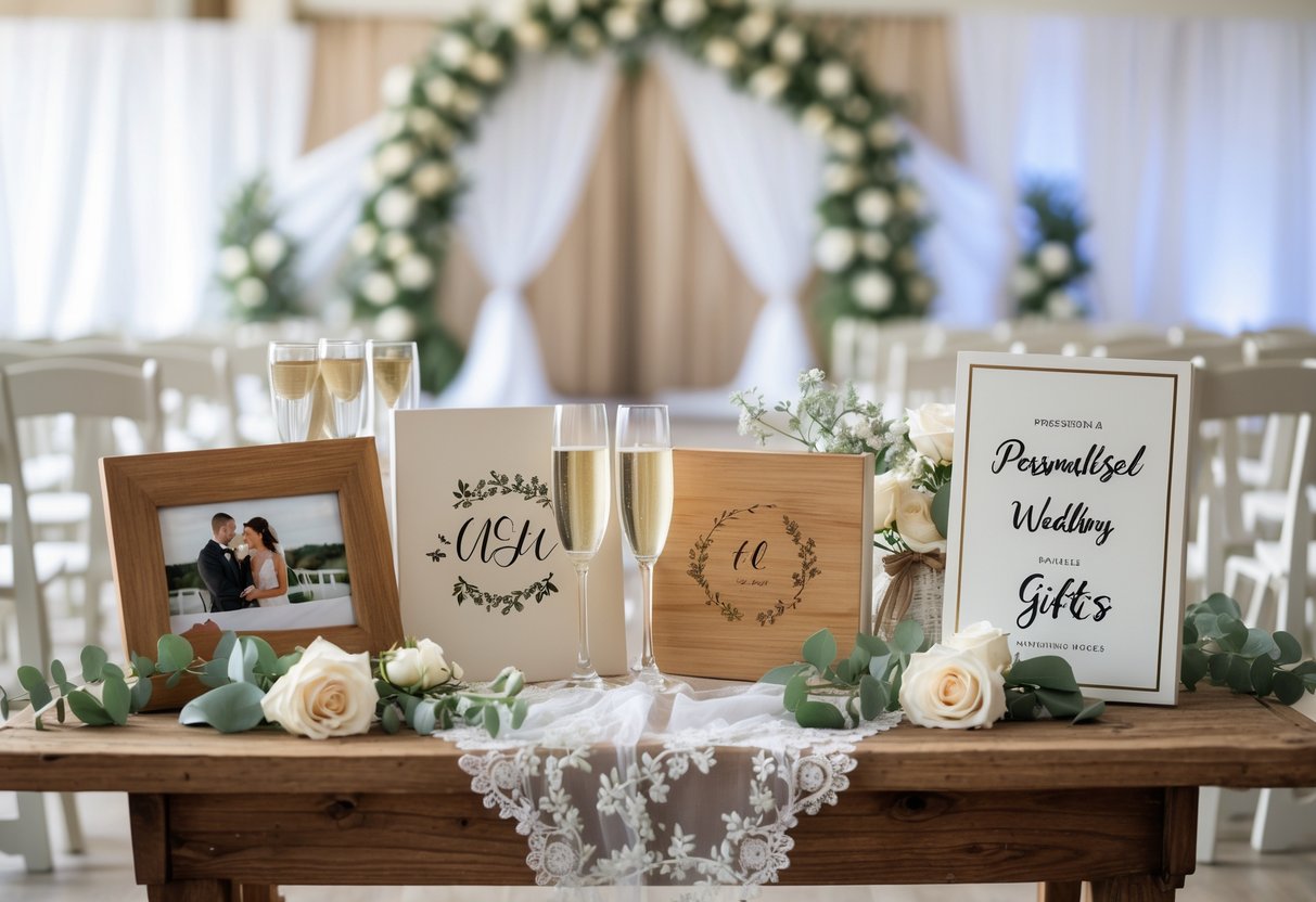 A table displaying various personalized wedding gifts like engraved photo frames, monogrammed glasses, and custom name signs with a wedding ceremony setup in the background.