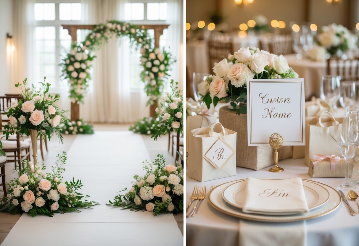 A wedding ceremony and reception area decorated with flowers, personalized table settings, and custom gifts.