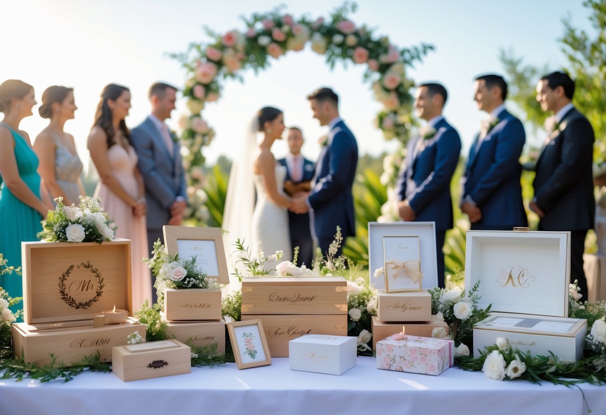 A couple exchanging vows at a wedding with personalized gifts displayed on a decorated table and guests smiling nearby.