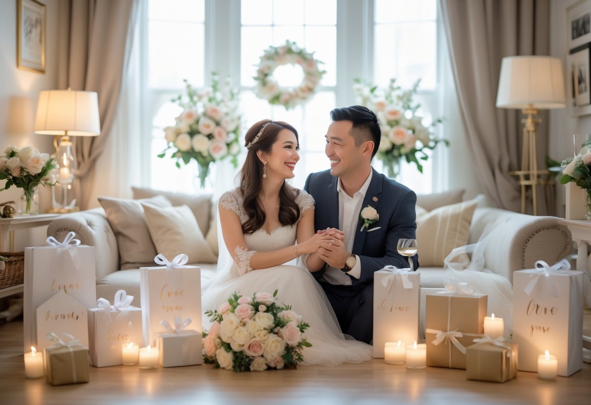 A happy couple smiling together in their cozy home surrounded by personalized wedding gifts and elegant floral decorations.