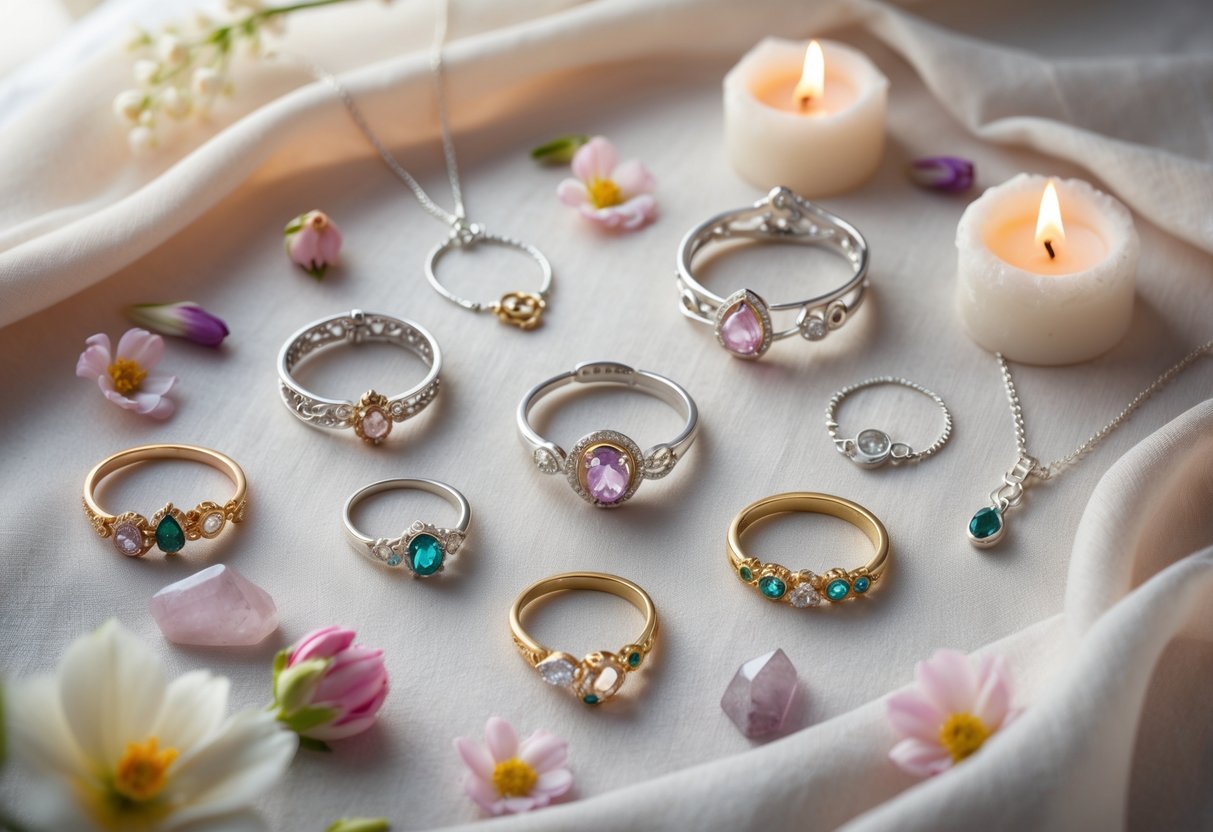 An arrangement of elegant jewelry pieces displayed with candles, flower petals, and crystals on a soft fabric background.