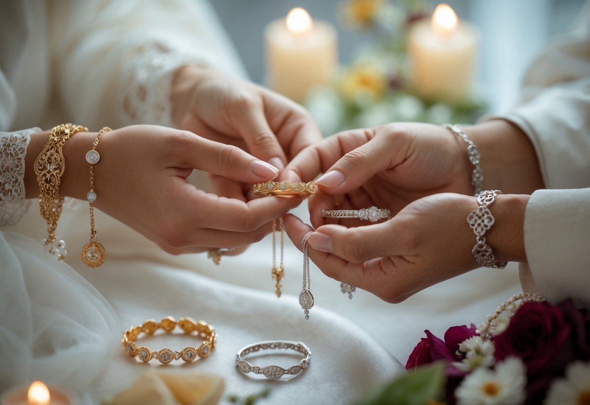 Close-up of hands exchanging jewelry tokens during a ceremonial ritual with candles and flower petals in the background.