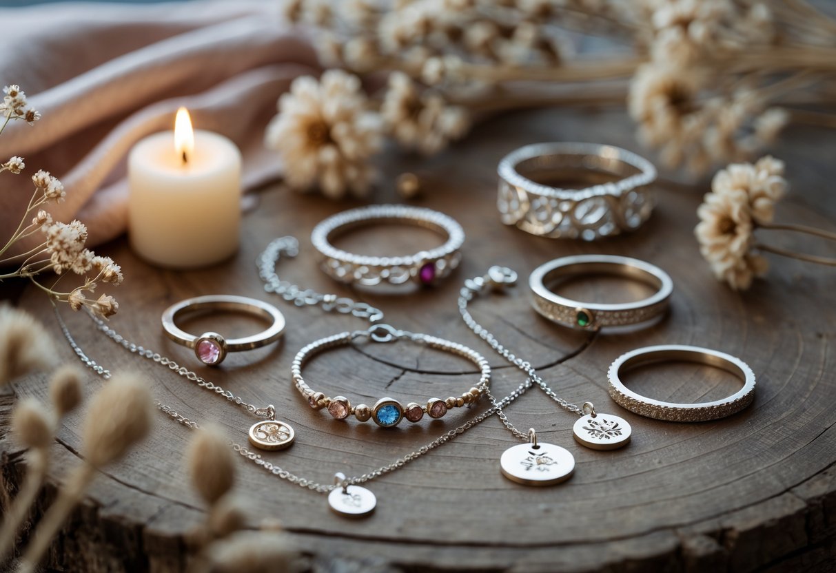 Close-up of elegant jewelry pieces arranged with dried flowers and candles on a wooden surface, suggesting a meaningful ceremony.