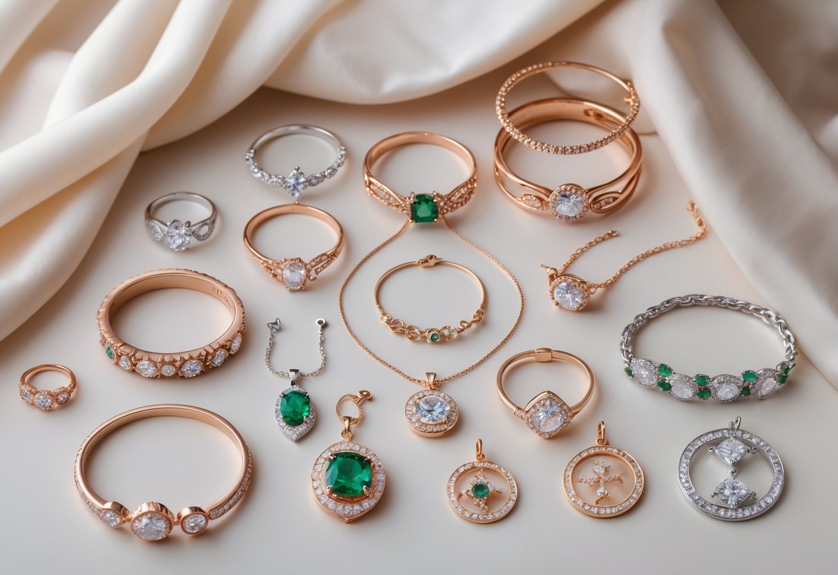 An assortment of elegant rings, bracelets, necklaces, and symbolic pendants arranged on a soft fabric surface.