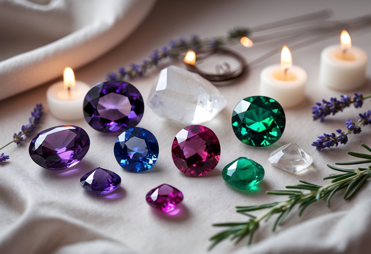 An arrangement of polished gemstones with candles and herbs on a soft fabric background, symbolizing ceremonial jewelry and rituals.