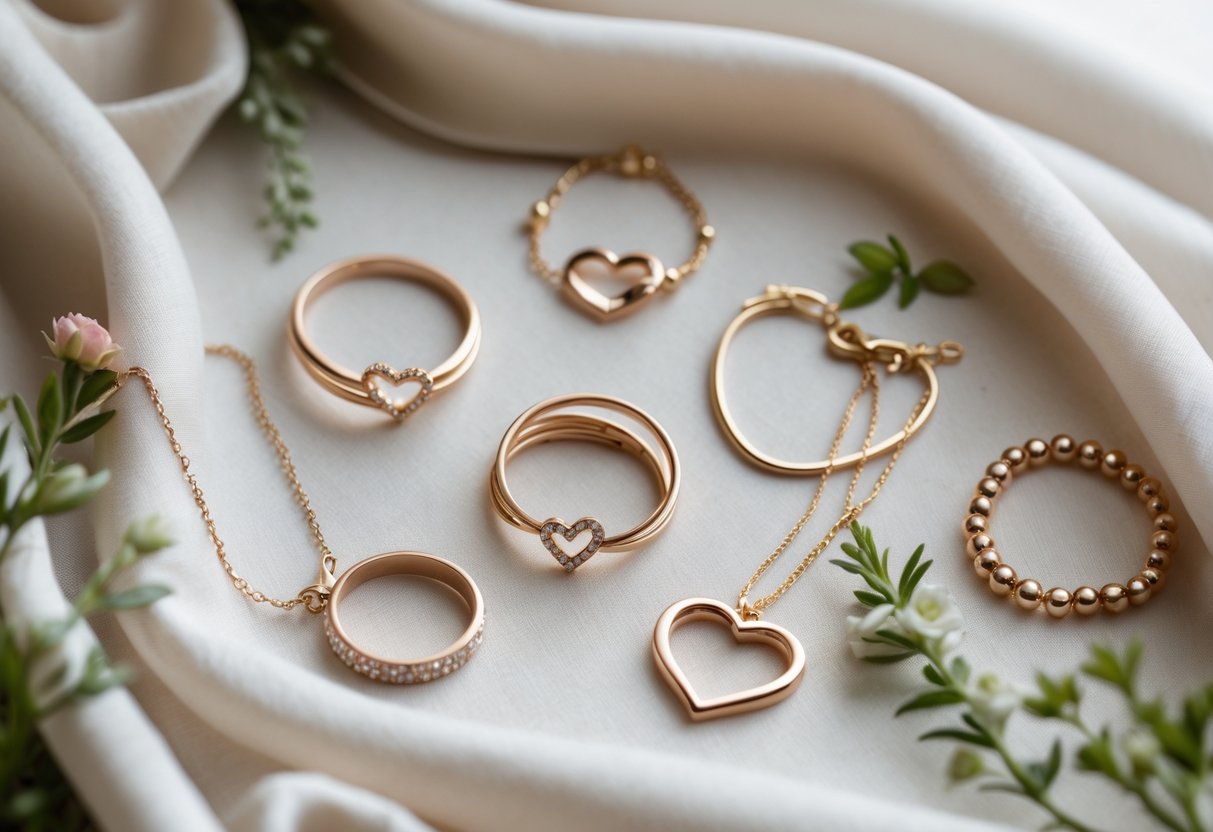 Close-up of symbolic jewelry pieces including rings and pendants arranged on fabric with small flowers.