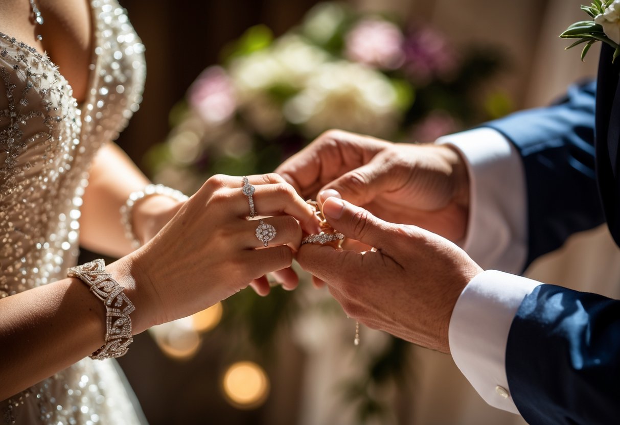 Close-up of hands exchanging jewelry during a wedding ceremony, symbolizing a meaningful ritual.