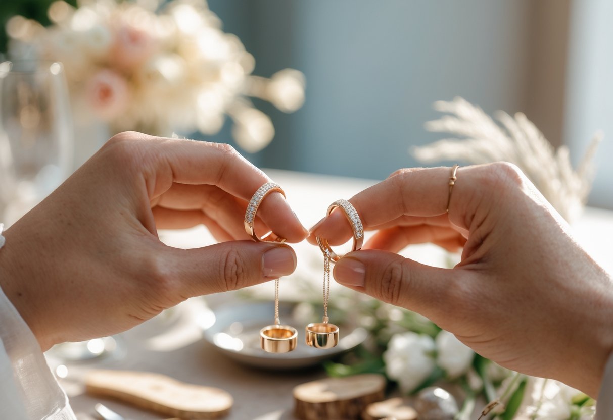 A couple exchanging meaningful jewelry during a private ceremony, their hands gently touching with soft lighting and a blurred background.