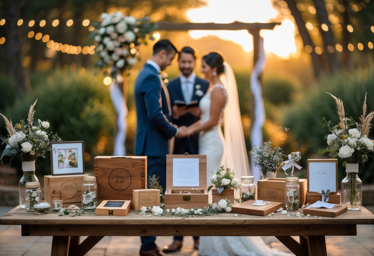 A couple exchanging vows outdoors near a table displaying personalized wedding keepsakes like engraved boxes, photo albums, and floral arrangements.