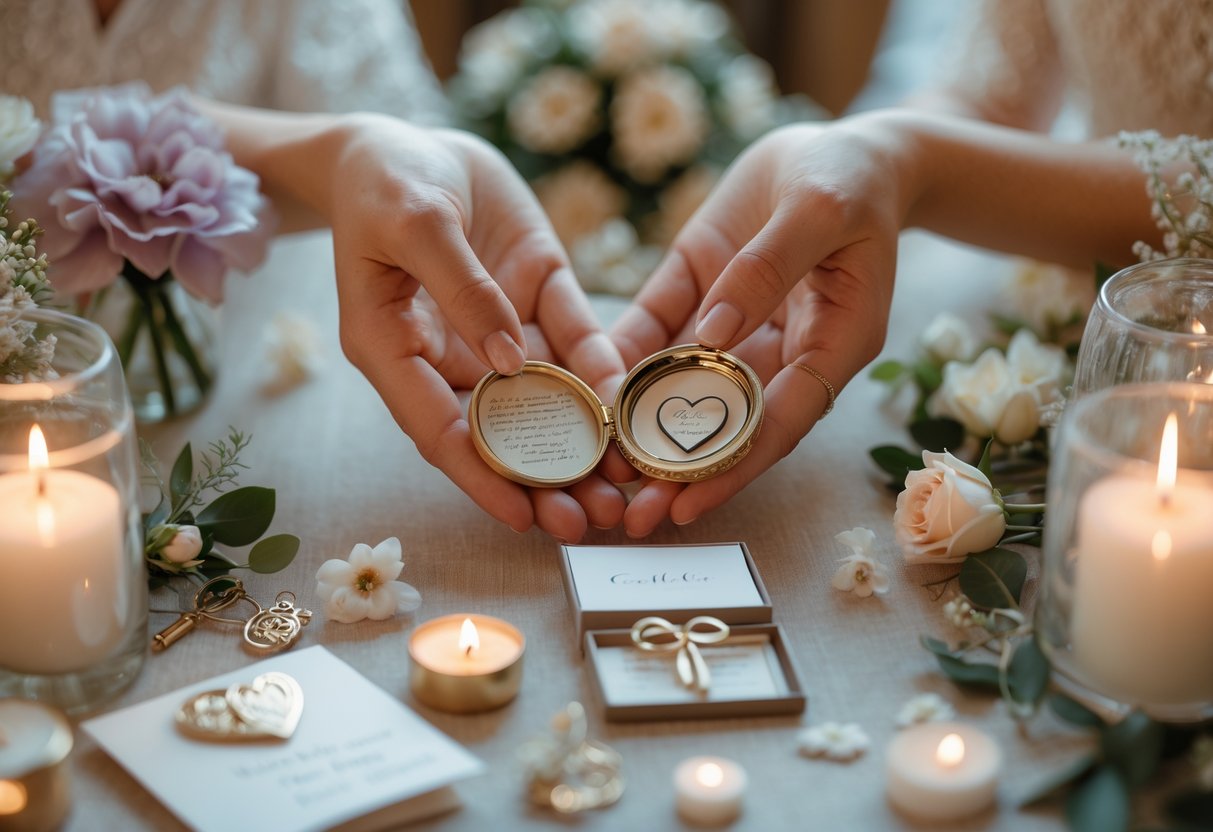 Hands holding meaningful keepsakes surrounded by flowers and candles in an intimate ceremony setting.